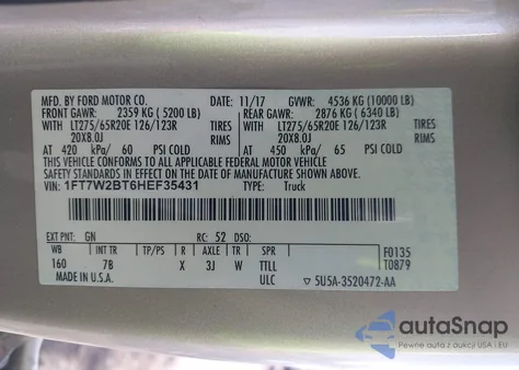 2017 Ford F-250 Platinum из США, поврежденный, VIN 1FT7W2BT6HEF35431